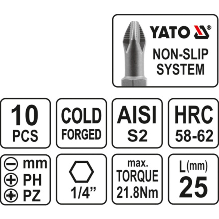 Sada bitů 1/4" 25 mm NON-SLIP 10 ks, YT-0482