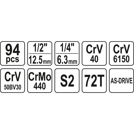 Gola sada 1/2", 1/4" + příslušenství 94 ks, YT-12681