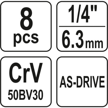 Sada nástavců 1/4" šetihranné 8ks 5,5-13 mm, YT-14431