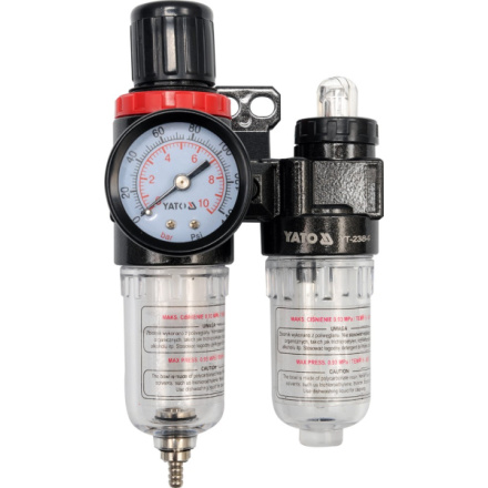 Regulátor tlaku vzduchu 1/4", max. 0,93MPa, s filtrem (25ccm) a přimazáváním (15ccm), YT-2384