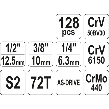 Gola sada 1/2", 3/8", 1/4" + příslušenství 128 ks, YT-38872