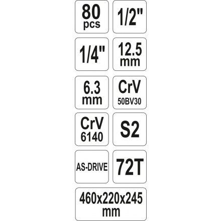 Skříňka s nářadím 1/2", 1/4"  80 ks, YT-38951