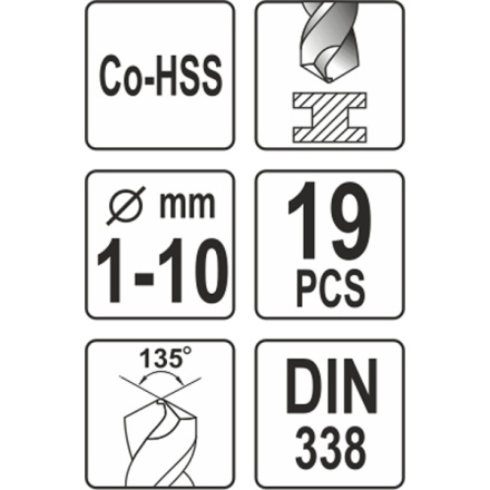 Sada vrtáků na kov 19ks HSS-COBALT 1-10mm, YT-41604