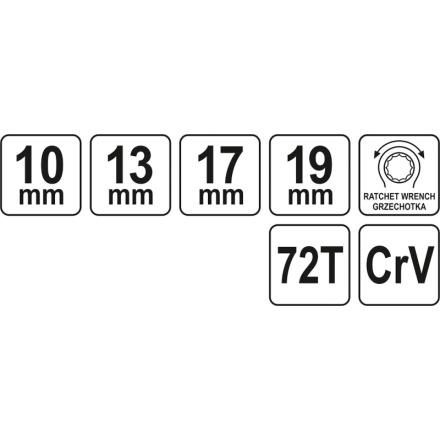 Ráčnový klíč průchozí oboustranný 10-13-17-19 mm, YT-4945