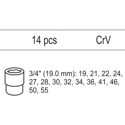 Vložka do zásuvky - sada nástrčných klíčů 3/4", 19-55mm, 14ks, YT-55457