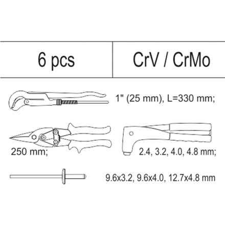 Vložka do zásuvky - kleště nýtovací, 3x sada nýtů, nůžky na plech, hasák 330mm, YT-55478