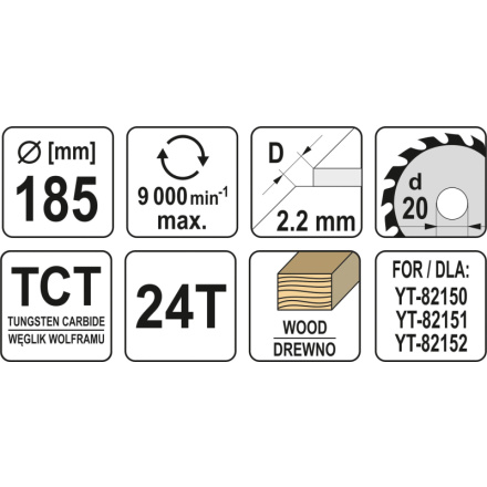 Kotouč na dřevo TCT 185 x 20 mm 24z (pro YT-82150, YT-82151, YT-82152), YT-60621