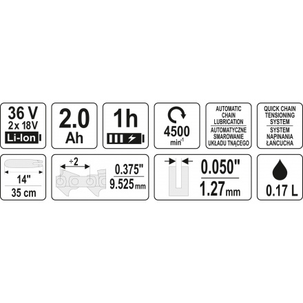 Řetězová pila 14'' AKU 36V=2 X 18V SET, YT-82812