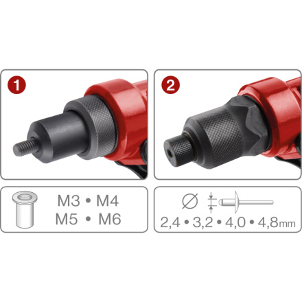 kleště nýtovací s otočnou hlavou COMBO, pro nýt. matice M3-M6 a trhací nýty 2,4-4,8mm 4770628