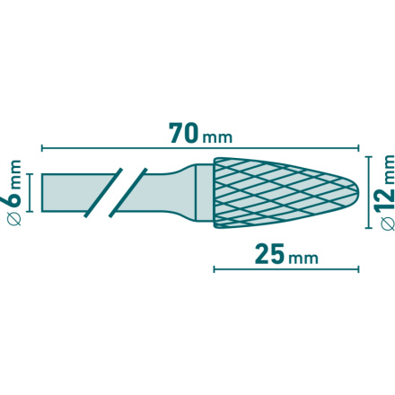fréza karbidová, kulatý oblouk, pr.12x25mm/stopka 6mm,sek střední (double-cut) 8703755
