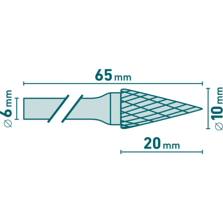 fréza karbidová, konická-jehlan, pr.10x20mm/stopka 6mm,sek střední (double-cut) 8703794