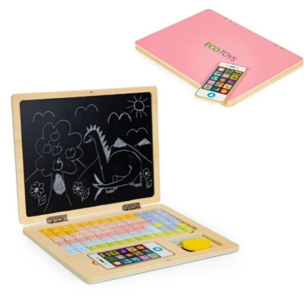 ECOTOYS Dřevěný notebook s magnetickým monitorem - růžový 142391