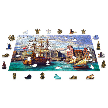 WOODEN CITY Dřevěné puzzle Staré lodě v přístavu 2v1, 505 dílků EKO 147698