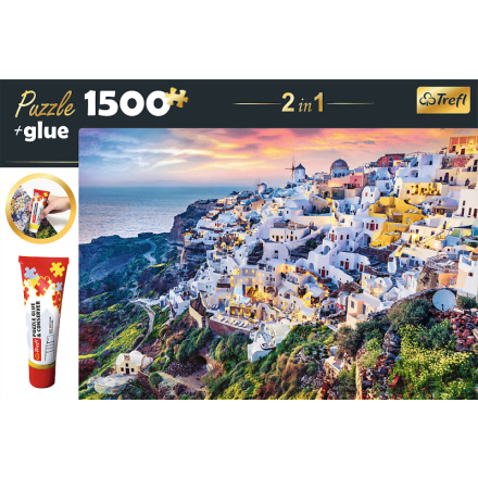 TREFL Sada 2v1 puzzle Nádherný ostrov Santorini, Řecko 1500 dílků s lepidlem 152886
