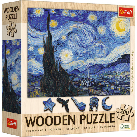 TREFL Dřevěné puzzle Art: Vincent van Gogh - Hvězdná noc 200 dílků 159198