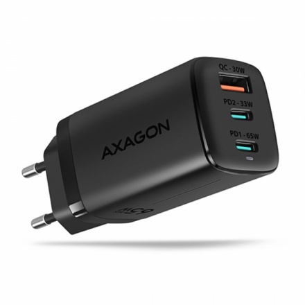 AXAGON ACU-DPQ65, GaN nabíječka do sítě 65W, 3x port (USB-A + dual USB-C), PD3.0/QC4+/PPS/Apple, ACU-DPQ65