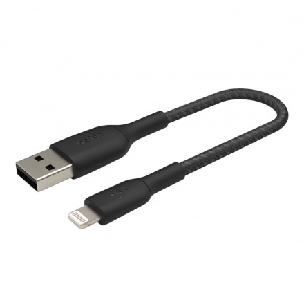 BELKIN kabel oplétaný USB-A - Lightning 15cm, čern, CAA002bt0MBK