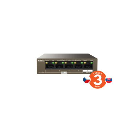 Tenda TEG1105PD PoE PD Gigabit switch, 1x PoE IN, 4x PoE OUT 802.3af, 5x 1 Gb/s, max. 30W, fanless, TEG1105PD