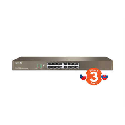 Tenda TEG1016G 16-port Gigabit Switch, 16x 10/100/1000 Mb/s, Fanless, MAC 8K, i na zeď, Rackmount, 75010016