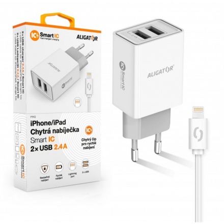 ALIGATOR Chytrá síťová nabíječka 2,4A, 2xUSB, smart IC, bílá, USB kabel pro iPhone/iPad, CHA0036