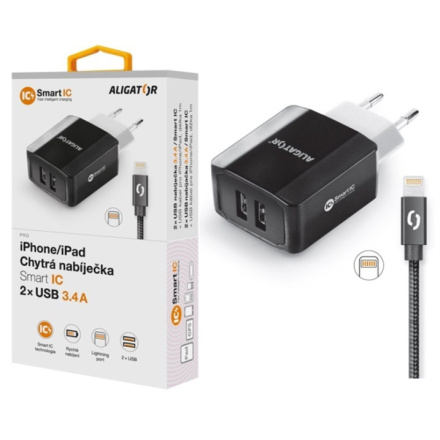 Chytrá síťová nabíječka ALIGATOR 3.4A, 2xUSB, smart IC, černá, kabel pro iPhone/iPad 2A, CHS0001