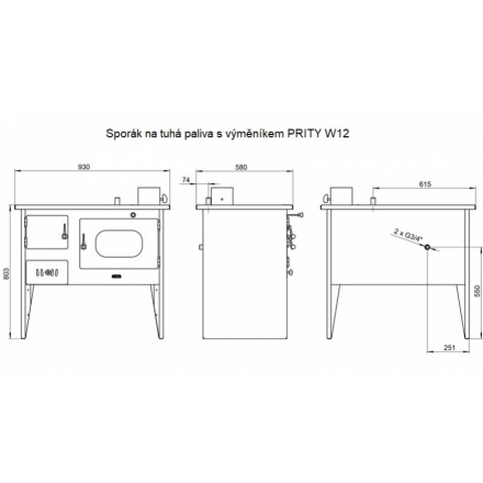 Sporák na tuhá paliva s teplovodním výměníkem PRITY W12 1P41, pravá, 258