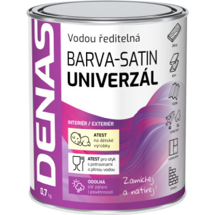 DENAS UNIVERZÁL-SATIN vrchní barva na dřevo, kov a beton, 0100 bílá, 0,7 kg