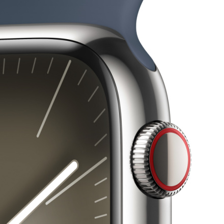 Apple Watch Series 9 45mm Cellular Stříbrný nerez s ledově modrým sportovním řemínkem - M/L MRMP3QC/A