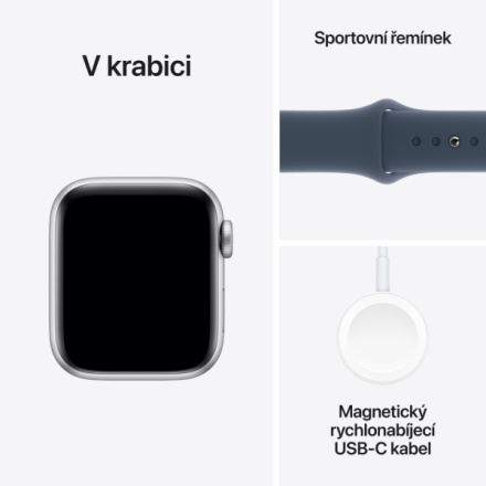 Apple Watch SE 40mm Stříbrný hliník s bouřkově modrým sportovním řemínkem - M/L MRE23QC/A