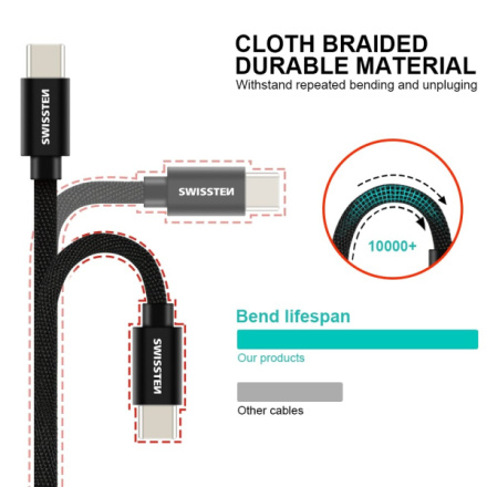 SWISSTEN Textile USB-C, datový kabel, stříbrný, 2 m 71521303