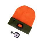 čepice s čelovkou 4x45lm, USB nabíjení, fluorescentní oranžová/khaki zelená, oboustranná, univerzální velikost, 100% acryl 43460
