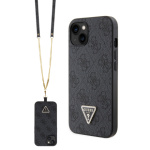 Guess PU 4G Strass Triangle Metal Logo Zadní Kryt + Crossbody Popruh pro iPhone 15 Black, GUHCP15SP4TDSCPK