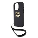 DKNY PU Leather Stack Logo Wrist Strap Zadní Kryt pro iPhone 15 Pro Max Black, DKHCP15XPBSWSK