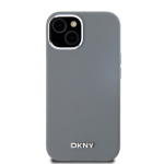 DKNY Liquid Silicone Silver Metal Logo Magsafe Zadní Kryt pro iPhone 15 Grey, DKHMP15SSMCHLG