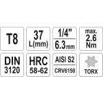 Nástavec 1/4" bit Torx T8, YT-04301