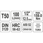 Nástavec prodloužený 1/2" bit Torx T50, YT-04326
