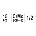 Sada nástavců 1/2" rázové šestihranné hluboké 15 ks, YT-1055