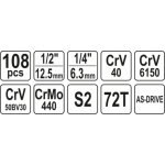 Gola sada 1/2", 1/4" + příslušenství 108 ks, YT-38791