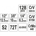 Gola sada 1/2", 3/8", 1/4" + příslušenství 128 ks, YT-38872