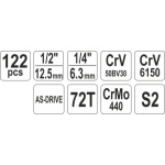 Gola sada 1/2", 1/4" + příslušenství 122 ks, YT-38901