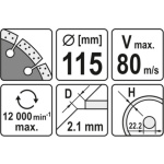 Kotouč řezný diamantový 115 x 22,2 x 2,1 mm, YT-6002