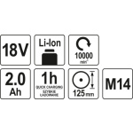 Bruska úhlová AKU 125 mm 18V 10000 ot., YT-82826