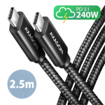 AXAGON BUCM2-CM25AB, CHARGE kabel USB-C <-> USB-C, 2.5m, Hi-Speed USB, PD 240W 5A, ALU, oplet, černý, BUCM2-CM25AB