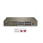 Tenda TEF1118P-16-150W PoE AT switch - 16x PoE 100 Mb/s + 1xUplink 1Gb/s RJ45/SFP, PoE+ 135W,fanless, TEF1118P-16-150W