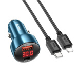 HOCO car charger USB A + Type C with digital display + cable Type C to Type C PD QC3.0 3A 48W Z50 blue 593009
