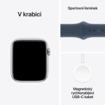 Apple Watch SE 44mm Stříbrný hliník s bouřkově modrým sportovním řemínkem - M/L MREE3QC/A